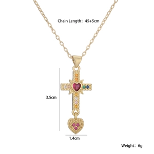 Gold cross necklace with colorful gemstones and heart ruby, 45+5cm chain size specs