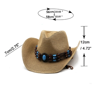 Ethnic Western straw cowboy hat with turquoise bead band and foldable sun protection