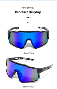 Macro detail of large cycling sunglasses with blue-purple gradient lenses and black frame