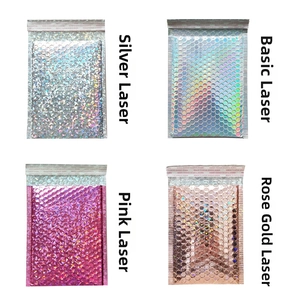 Detail showing four metallic laser bubble mailers in silver, rainbow, pink, and rose gold