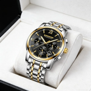 Macro view of luxury men's bi-color stainless steel chronograph watch in a gift box