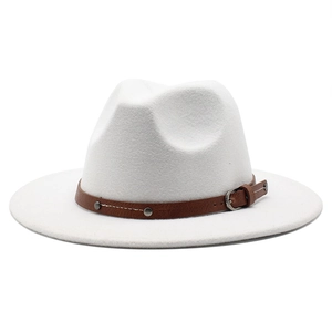 Classic white wool felt fedora featuring a brown leather band with metallic rivets