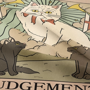 Detailed macro view of the printed Judgement cat tarot tapestry fabric texture