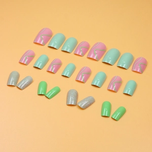 Luxury green glitter wavy line press-on nails with mixed matte and glossy finish