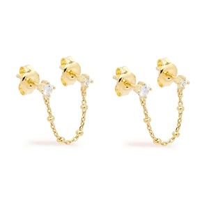 Close-up of S925 silver double piercing earrings with 18k gold chain and zircon studs