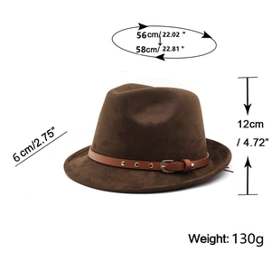Detailed dimensions of brown suede fedora with 6cm brim, 12cm height and weight specs