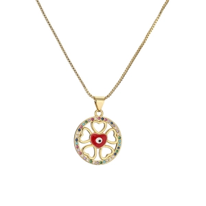 Gold clover necklace with red enamel evil eye and colorful zircon stones on white background