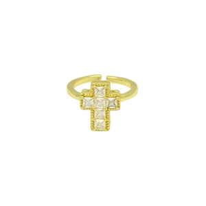 Macro detail of 18k gold plated cross ring featuring square-cut cubic zirconia stones