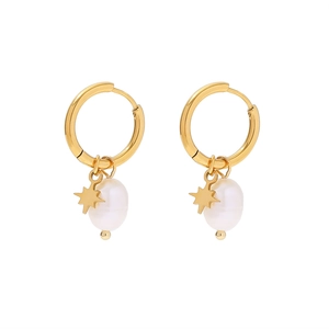 Gold stainless steel hoop earrings with natural freshwater pearls and star pendants