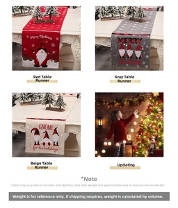 Detail showing red, grey and beige Christmas table runners with Nordic gnome patterns