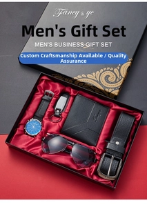 Business men's gift set featuring a blue dial watch, leather wallet, belt, and sunglasses