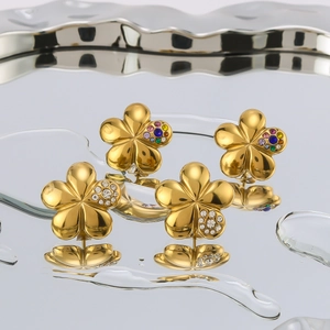 Flower Stud Earrings Stainless Steel 18K Gold Plated Zircon Rhinestone Five Petal Design Elegant Fashion Jewelry For Women
