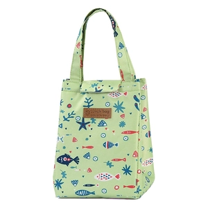 Insulated lunch bag with green ocean pattern and foil lining for office workers