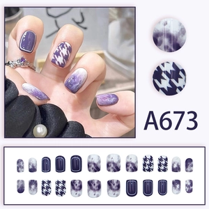 Purple marble and houndstooth press-on nail set featuring short square shapes