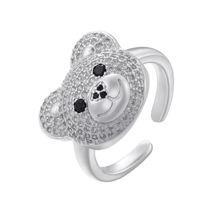 Detail view of teddy bear ring with sparkling zircons and adjustable silver band