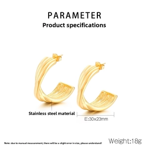 Macro product specifications for gold-plated chunky C-shaped stainless steel earrings