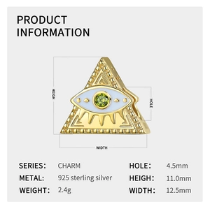 Golden pyramid evil eye charm in 925 silver with detailed size and weight dimensions