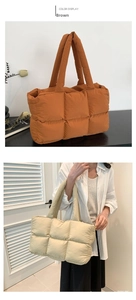 Close-up of quilted nylon puffer tote bag with brown checkered stitching and padded handle