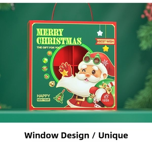 Front detail of Christmas window gift box with Santa illustration and red handle