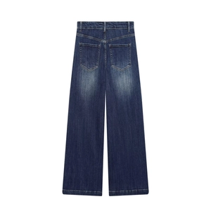 Vista piatta posteriore di jeans a vita alta a gamba larga in blu scuro con tasche