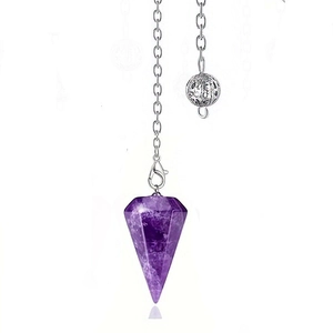 Vertical hexagonal purple amethyst pendant with silver chain and hollow ball decor