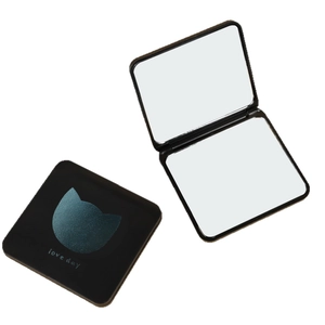 Mini folding square compact makeup mirror with blue cat silhouette and love day print