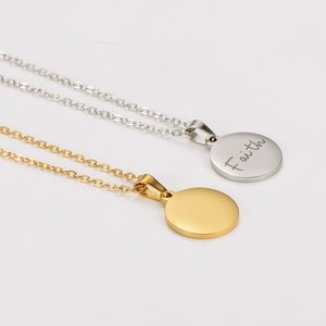 Polished stainless steel round pendant necklaces with Faith engraving in gold and silver