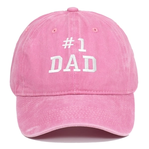 Pink washed cotton baseball cap with white #1 DAD embroidery in a vintage style