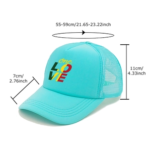 Mint green One Love mesh trucker hat with sun protection and adjustable size details