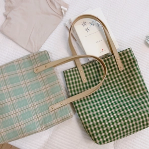 Sac fourre-tout en toile à carreaux verts vintage avec poignées en cuir pour étudiants