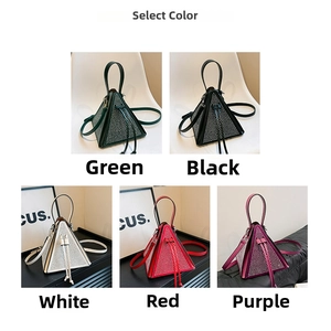 Detailed collage of triangle rhinestone evening bags in five vibrant colors with crystal finish