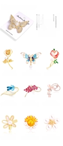 Detail grid showing various alloy brooches with rhinestones and floral enamel designs