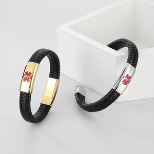 Fashionable medical alert leather bracelets with gold and silver stainless steel plaques