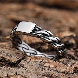 Silver punk flame totem stainless steel ring with woven band and square signet face