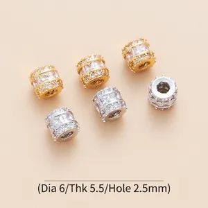 Detail of 6mm brass zircon cylinder spacer beads for DIY jewelry making in gold and silver