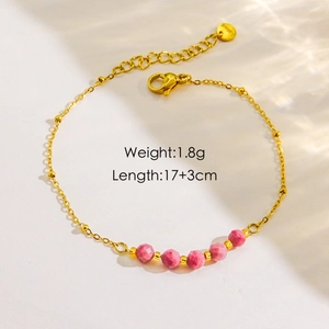 Bracciale a doppio strato in acciaio inossidabile oro 14K con perline di pietra naturale rosa