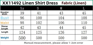 Detailed size chart for the linen shirt dress showing measurements from XS to L