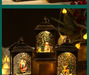 Close-up of vintage Christmas lanterns with Santa, snowman and deer scenes and warm LED glow