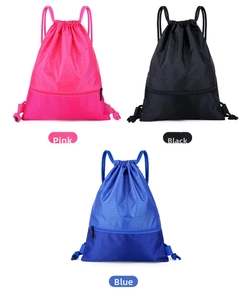 Waterproof nylon drawstring bags in pink, black and blue with front zipper pocket