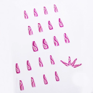 Pink and white marble wave pattern long coffin press-on nails set with glossy finish