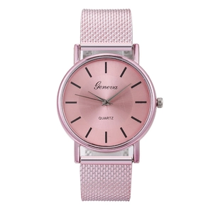 Pink Geneva quartz watch for women with stylish mesh band and minimalist round dial