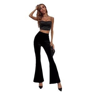 Women's black velvet high waist flare pants with slim fit and elegant glossy finish