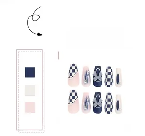 Detail of blue checkerboard press-on nails with 3D bows and pearl accents