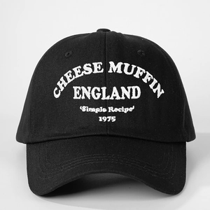 Classic black cotton baseball cap with white Cheese Muffin England 1975 3D embroidery