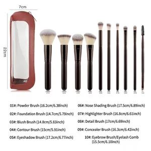 Set of 10 makeup brushes with a storage bag including detailed product dimensions