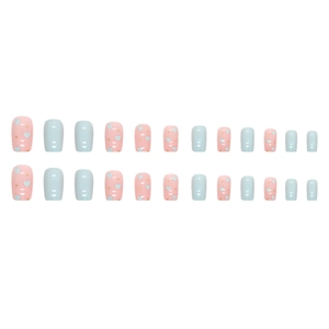 Short square press-on nails set with pink and blue heart patterns and golden glitter accents