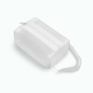 Close-up of white mesh mini pouch with breathable texture and zipper for small items