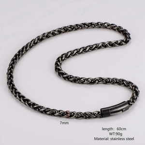 Macro shot of 7mm distressed stainless steel keel chain with specifications text