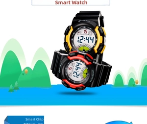 Close-up of MINGRUI digital kids sports watch showing LCD display and function buttons