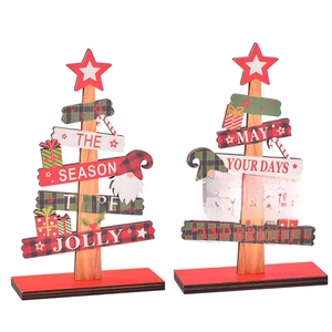 Two-piece wooden Christmas tree table decor with Merry Christmas text on a red base